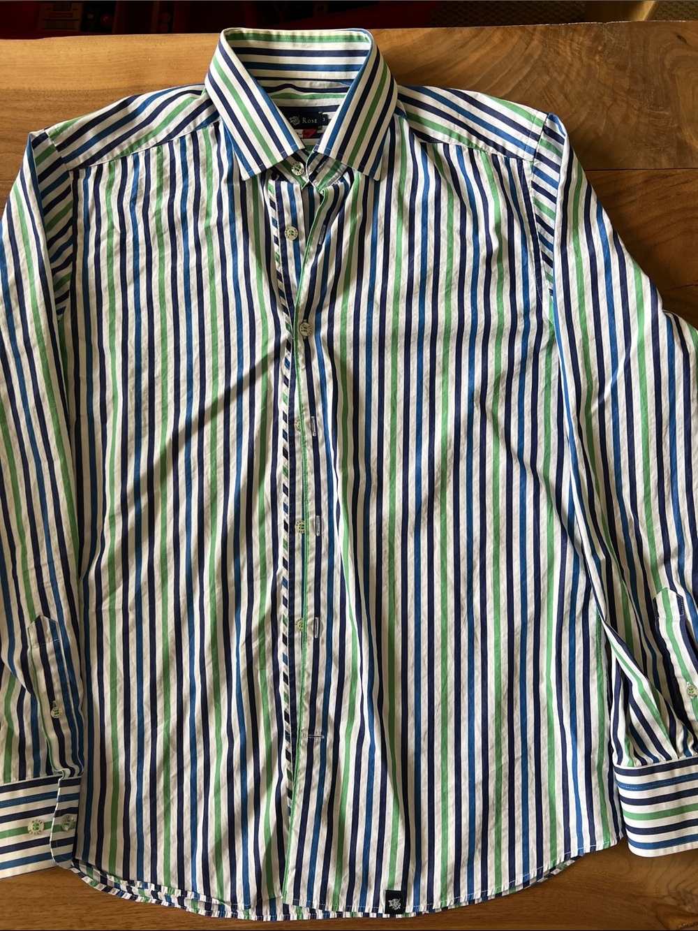 Stone Rose Men’s Green Blue Stripe Button Down Shirt Italian Fabric Size 3